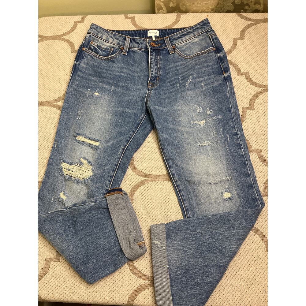 Special A Distressed Medium Wash Straight Mid rise Blue Jeans, Size 9 - Picture 2 of 14